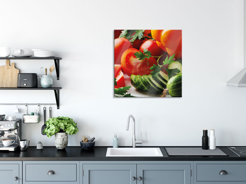 Obst Gemüse Gurke Tomaten, Glasbild Quadratisch
