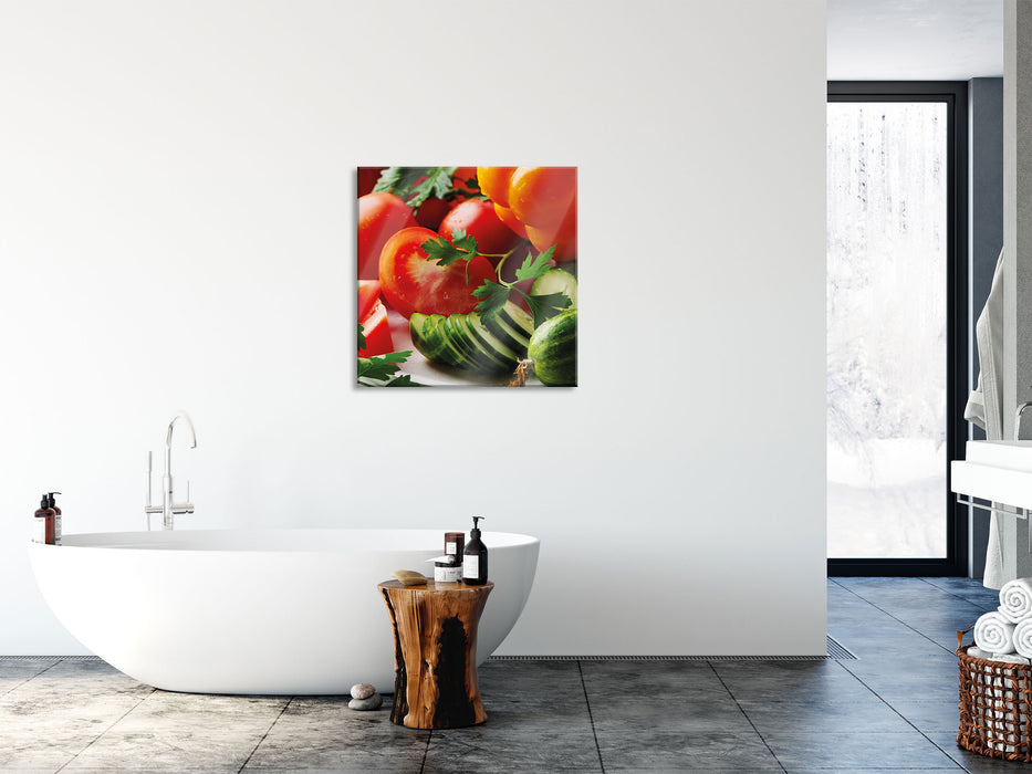 Obst Gemüse Gurke Tomaten, Glasbild Quadratisch