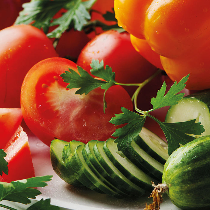 Obst Gemüse Gurke Tomaten, Glasbild Quadratisch