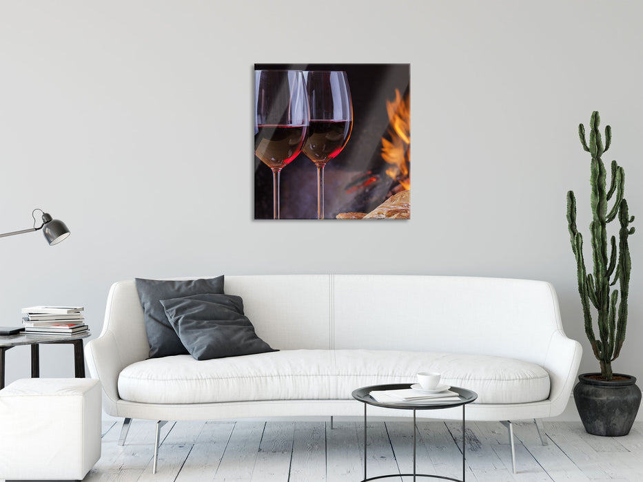 Baguette Wein Picknick, Glasbild Quadratisch