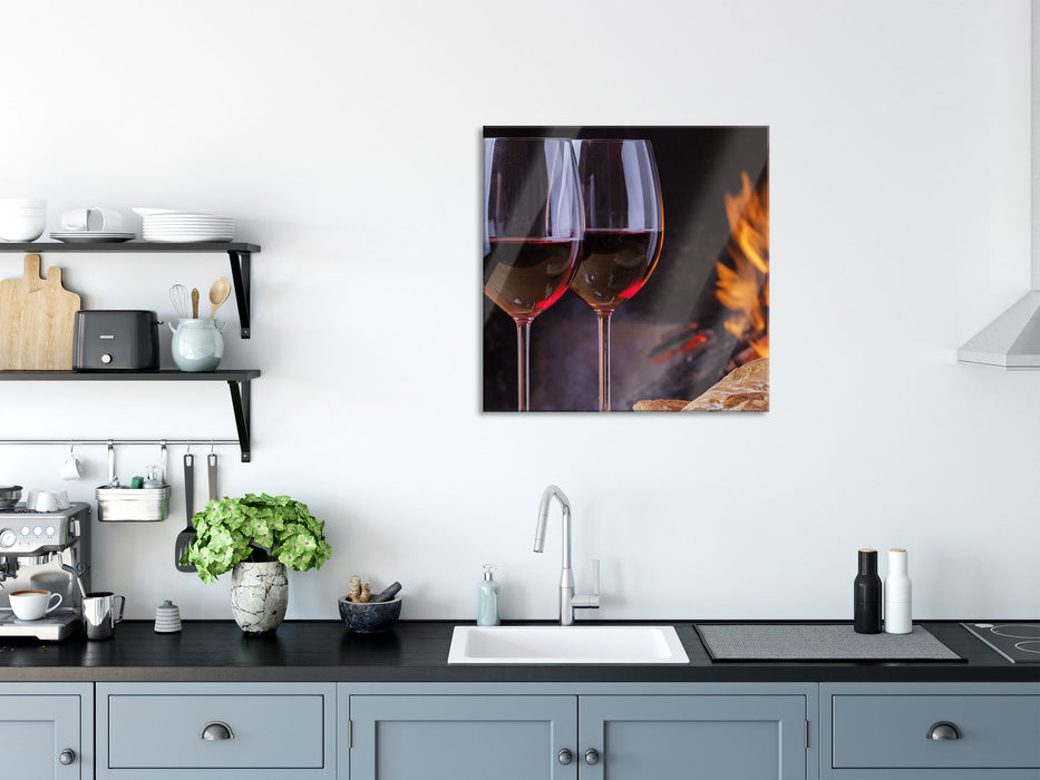 Baguette Wein Picknick, Glasbild Quadratisch