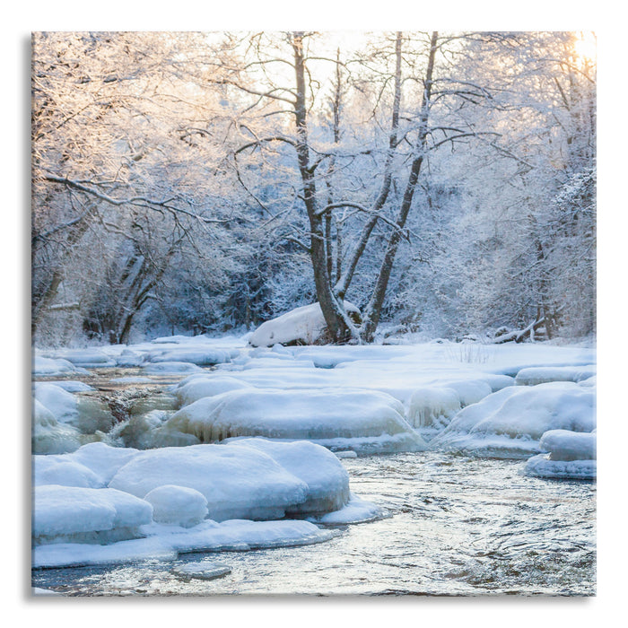 Pixxprint Bach in Winterlandschaft, Glasbild Quadratisch