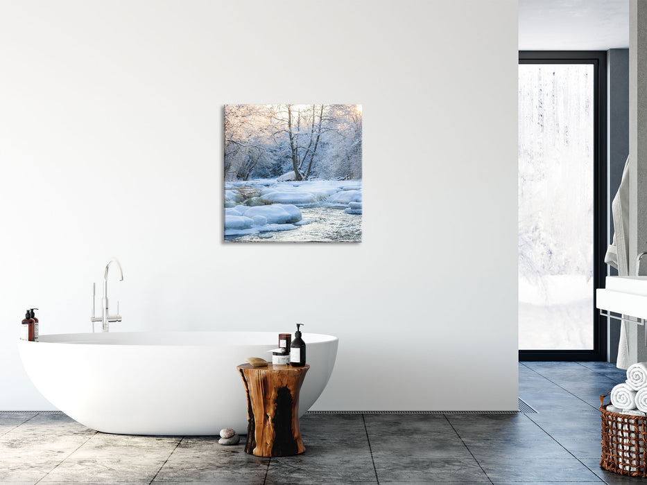 Bach in Winterlandschaft, Glasbild Quadratisch