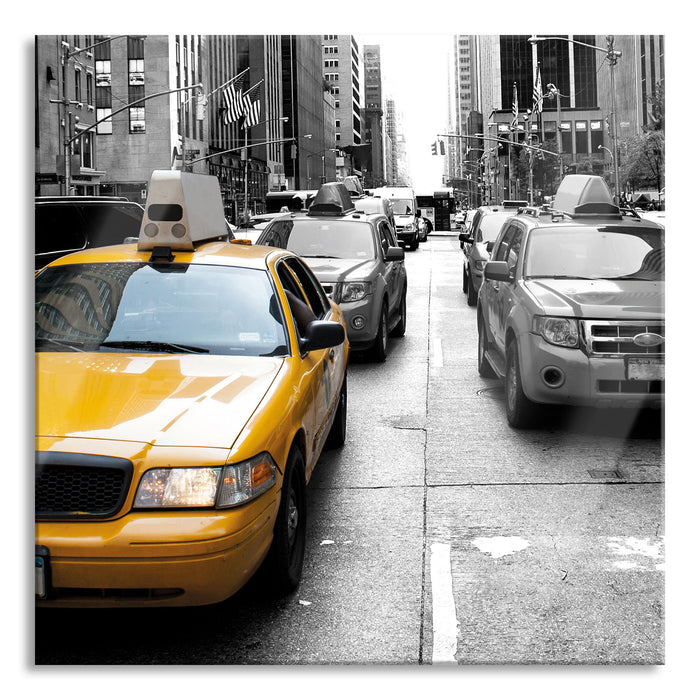 Pixxprint Gelbes Taxi in New York schwarz/weiß, Glasbild Quadratisch