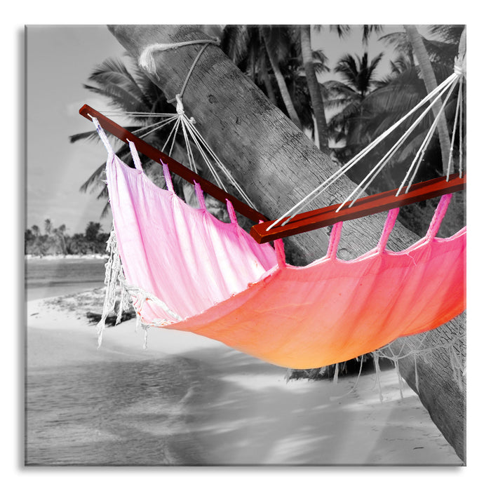 Pixxprint traumhafte Hängematte am Strand, Glasbild Quadratisch