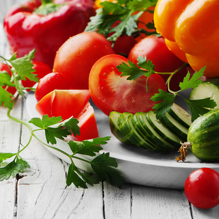 Gemüseteller, Glasbild Quadratisch