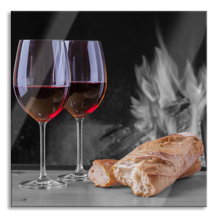 Pixxprint Baguette Wein Picknick, Glasbild Quadratisch