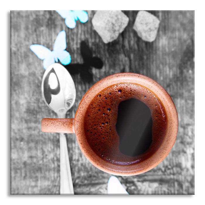 Pixxprint Kaffee mit Schmetterlingsdeko, Glasbild Quadratisch