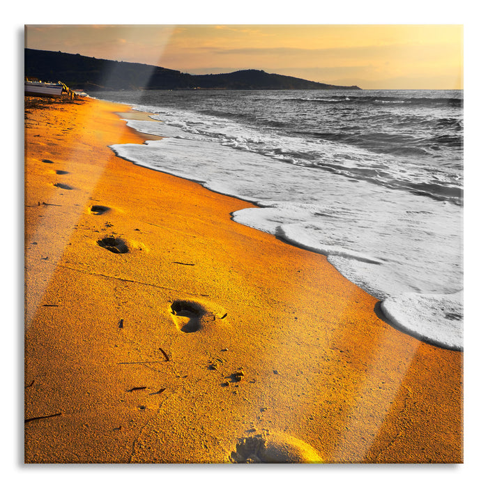 Spuren Im Sand am weiten Meer, Glasbild Quadratisch