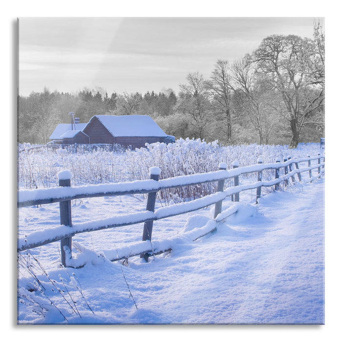 Pixxprint Holzhaus in Landschaft, Glasbild Quadratisch