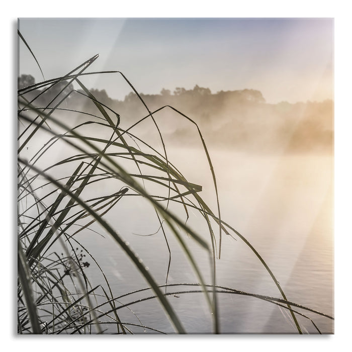 Pixxprint Schneidegras am See, Glasbild Quadratisch