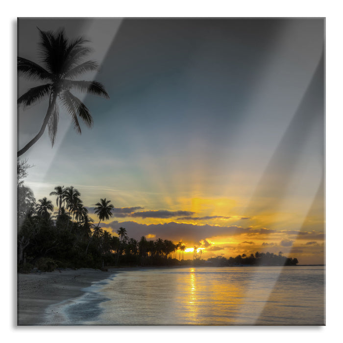 Strand beim Sonnenuntergang, Glasbild Quadratisch