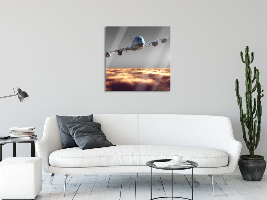 Flugzeug über Wolken, Glasbild Quadratisch