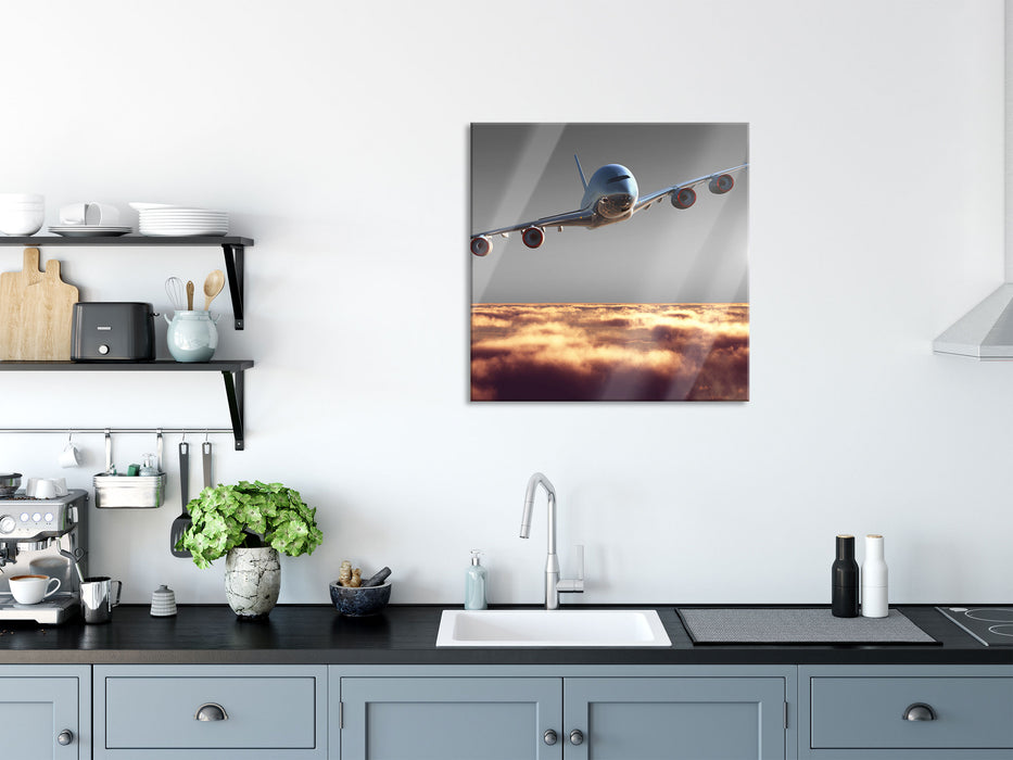 Flugzeug über Wolken, Glasbild Quadratisch