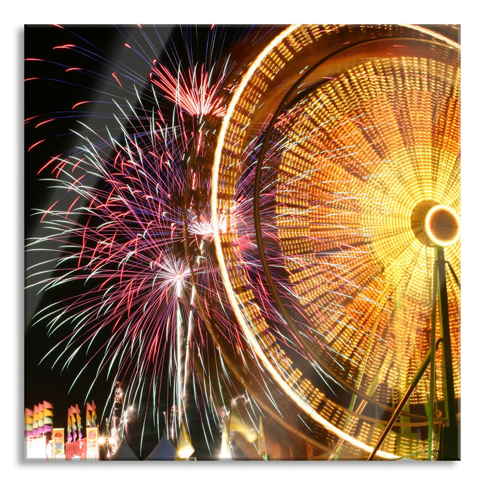 Jahrmarkt mit Feuerwerk, Glasbild Quadratisch