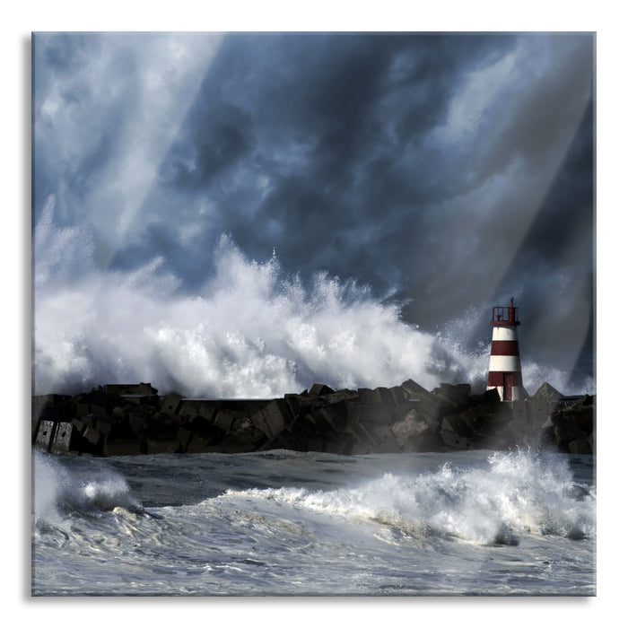 Pixxprint Tobendes Meer mit Leuchtturm, Glasbild Quadratisch