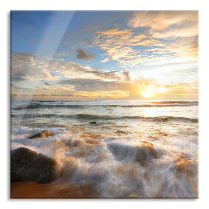 Pixxprint Sonnenuntergang am Meer, Glasbild Quadratisch