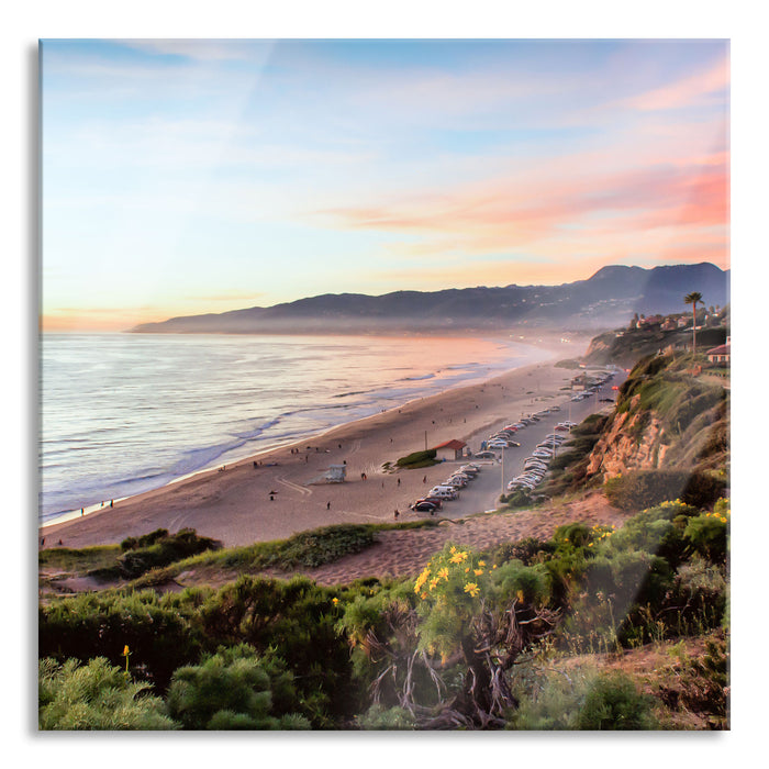 Pixxprint Küste und Strand mit Häusern, Glasbild Quadratisch