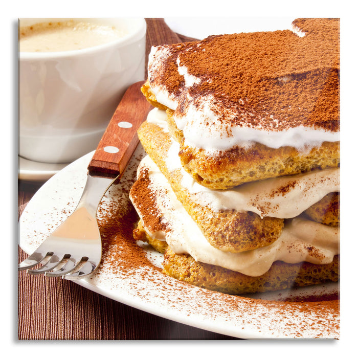 Pixxprint Leckeres Dessert mit Kaffee, Glasbild Quadratisch