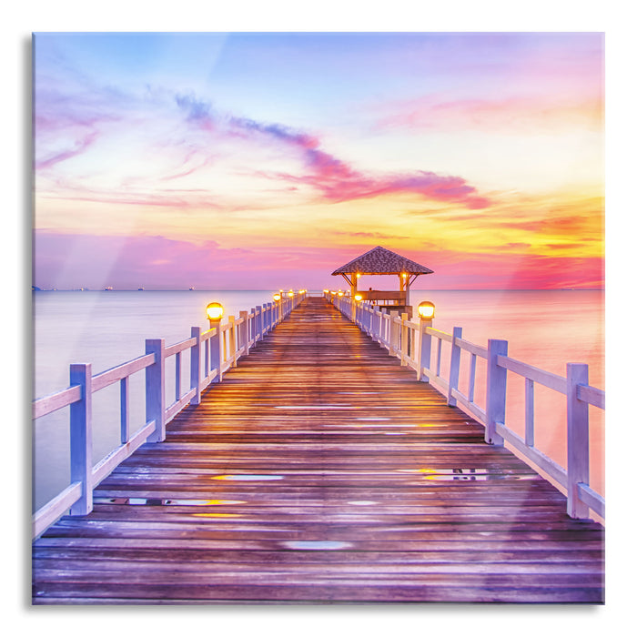 Pixxprint Steg ins Meer bei Sonnenuntergang, Glasbild Quadratisch