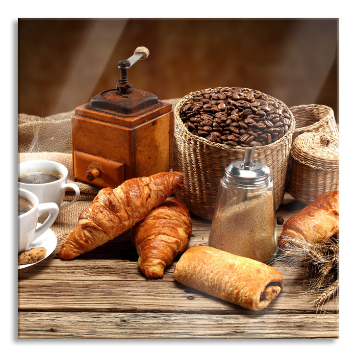 Pixxprint Aromatischer Kaffee mit Croissant, Glasbild Quadratisch