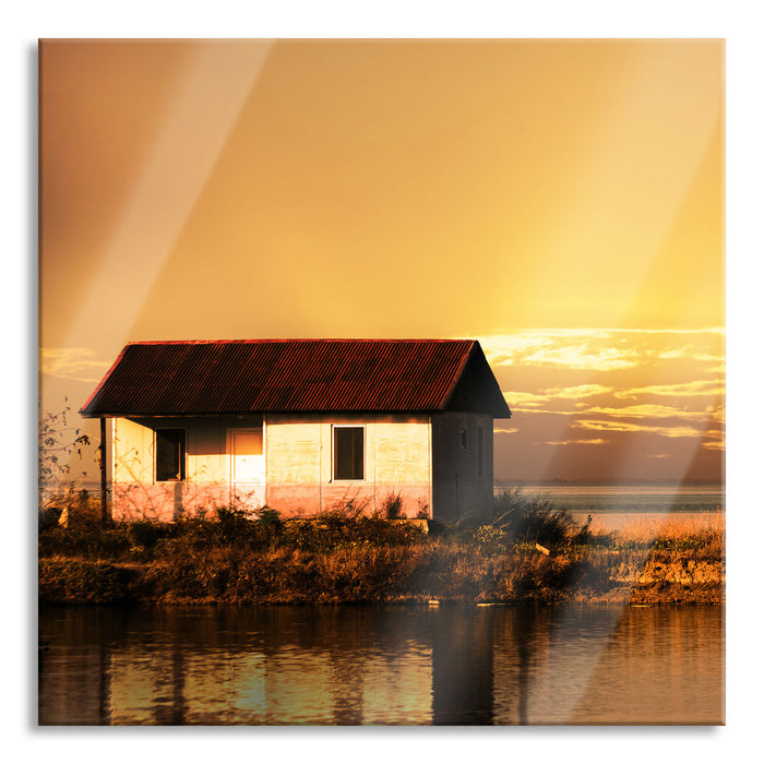 Pixxprint Haus am See bei Sonnenuntergang, Glasbild Quadratisch