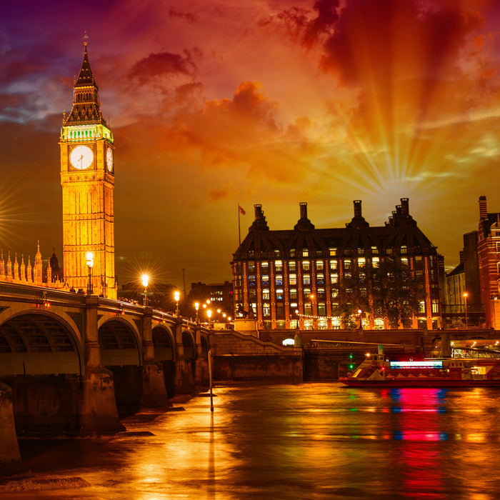 Big Ben bei Abenddämmerung, Glasbild Quadratisch