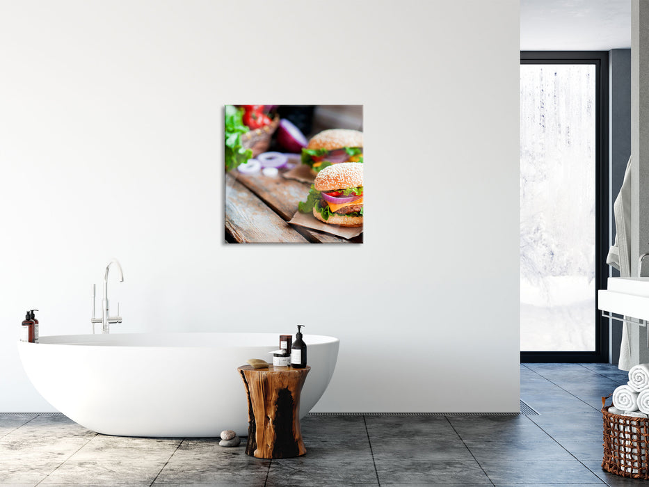 Leckere Burger, Glasbild Quadratisch