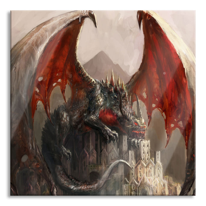 Pixxprint Dragon castle, Glasbild Quadratisch