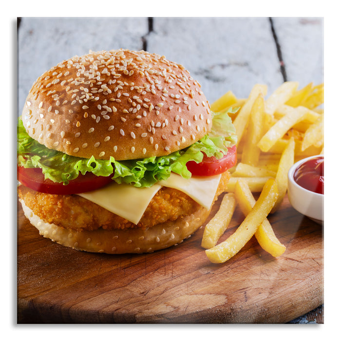 Pixxprint Chickenburger Pommes, Glasbild Quadratisch