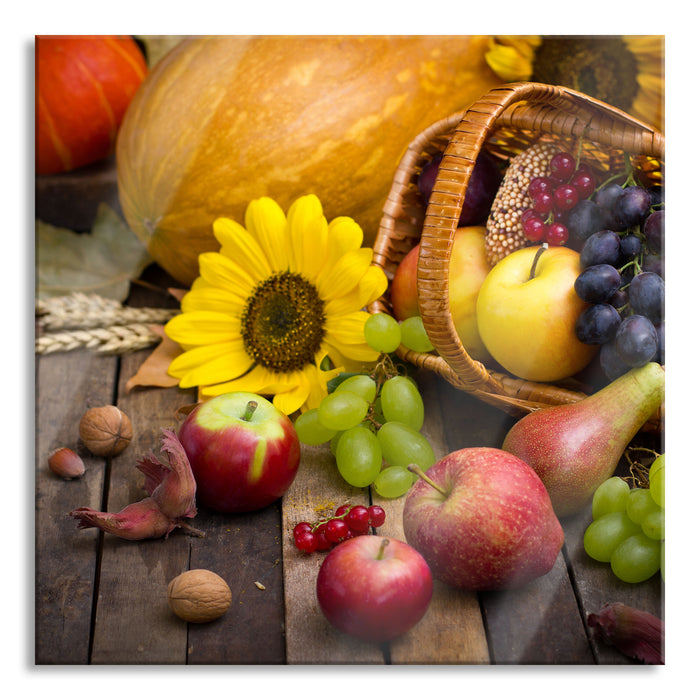 Pixxprint Herbstlicher Obstkorb, Glasbild Quadratisch