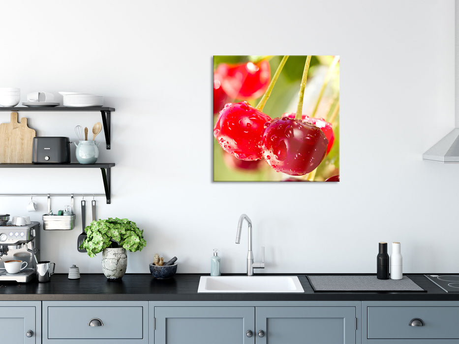 Frische Kirschen am Baum, Glasbild Quadratisch