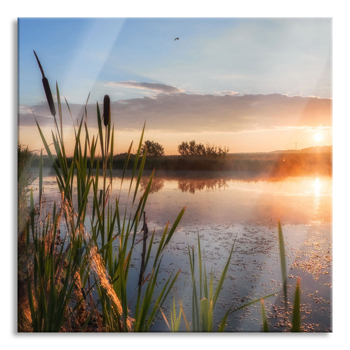 Pixxprint Sonniger Morgen am See, Glasbild Quadratisch