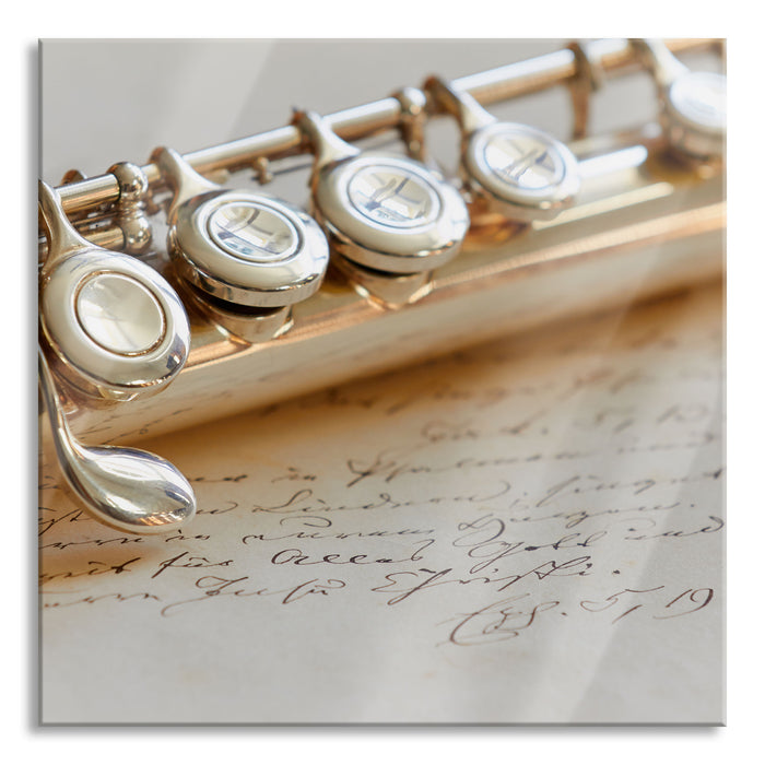 Pixxprint Detailaufnahme einer Querflöte, Glasbild Quadratisch