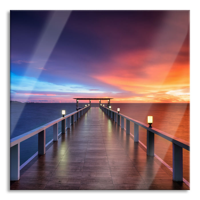 Pixxprint Moderner Holzsteg ins Meer, Glasbild Quadratisch