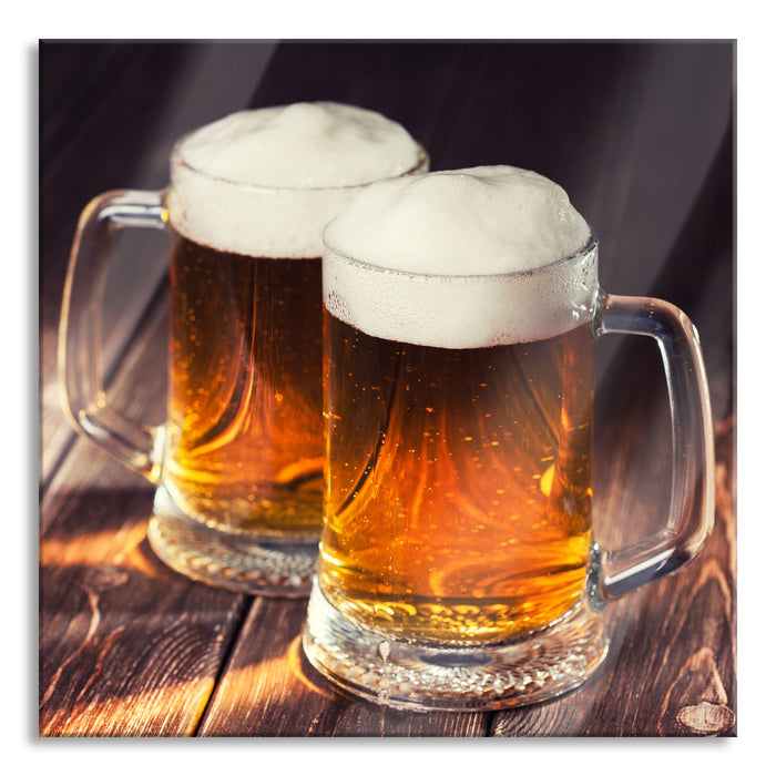 Zwei Maßkrüge Bier, Glasbild Quadratisch
