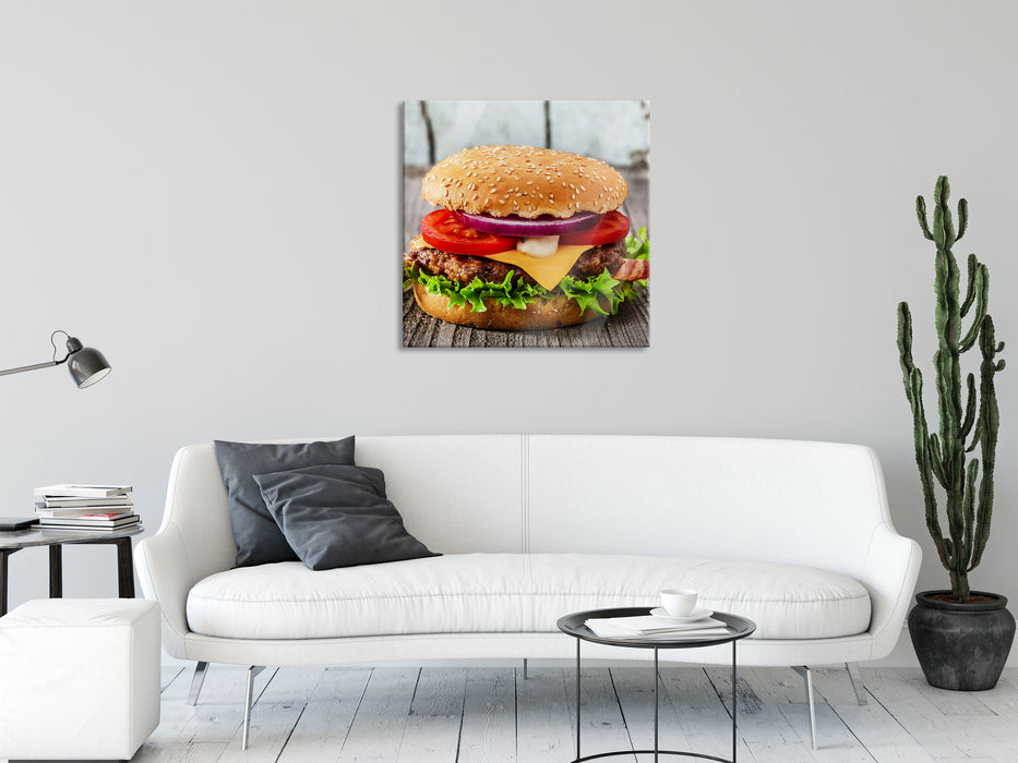 Leckerer Cheesburger, Glasbild Quadratisch