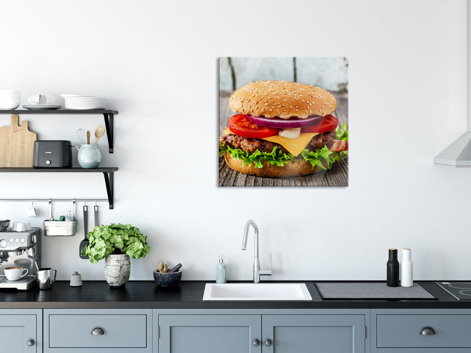 Leckerer Cheesburger, Glasbild Quadratisch