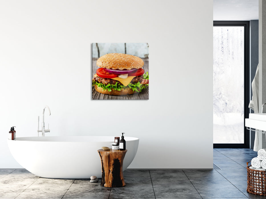 Leckerer Cheesburger, Glasbild Quadratisch