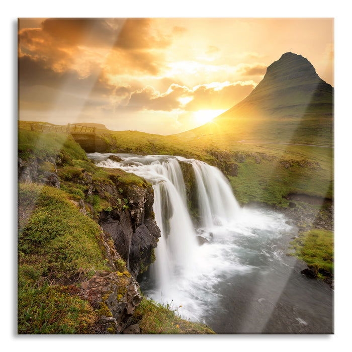 Pixxprint Wasserfall bei Sonnenuntergang, Glasbild Quadratisch