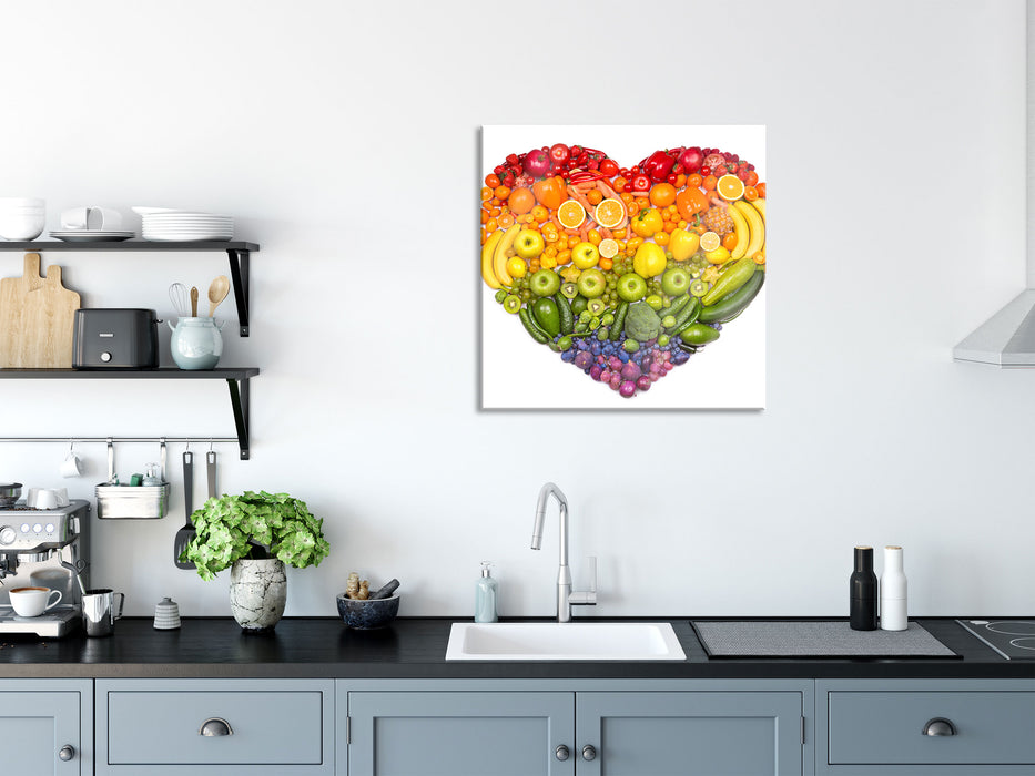 Früchteregenbogenherz, Glasbild Quadratisch