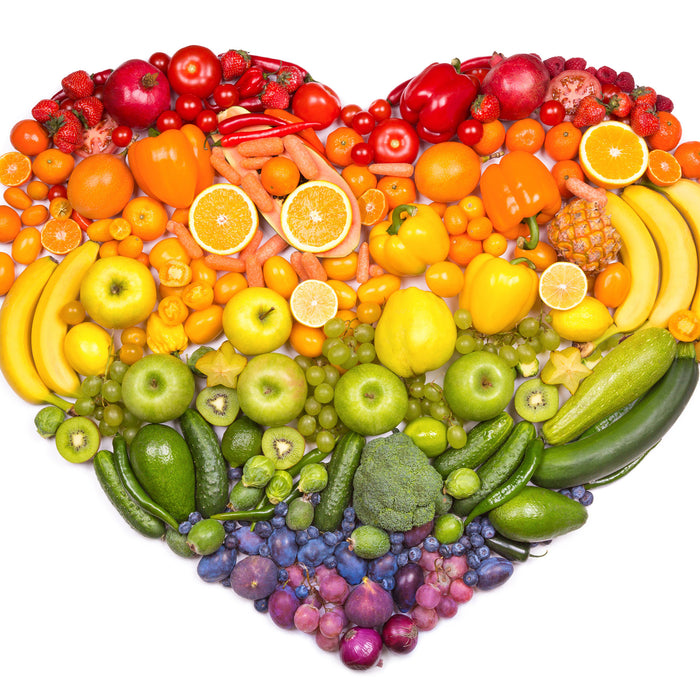 Früchteregenbogenherz, Glasbild Quadratisch