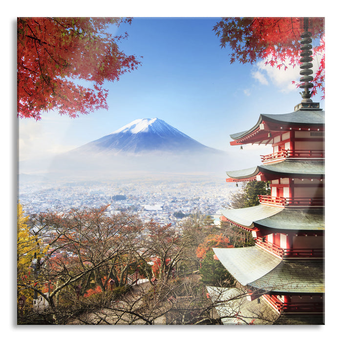 Japanischer Tempel im Herbst, Glasbild Quadratisch