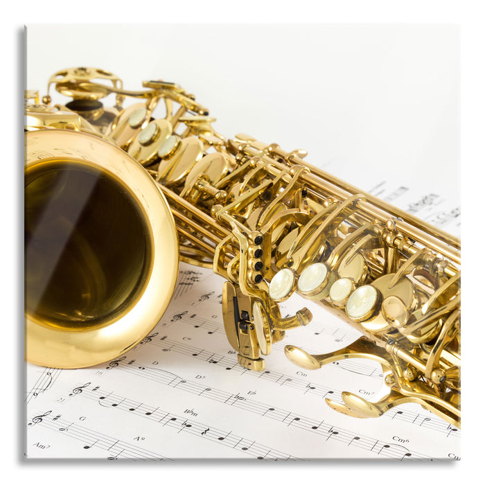 Pixxprint Saxophon auf Notenpapier, Glasbild Quadratisch