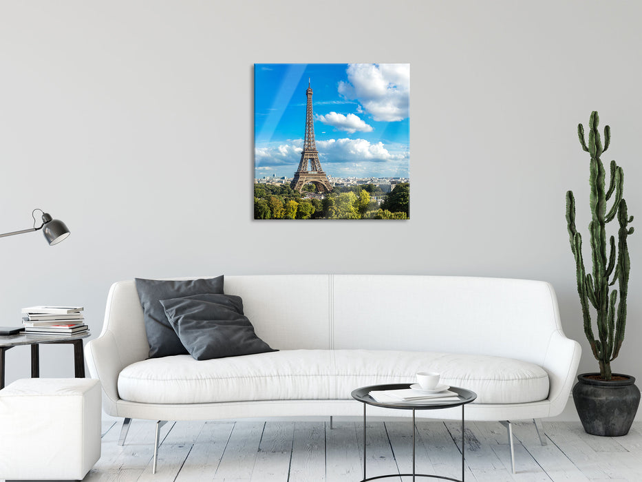 Riesiger Eiffelturm in Paris, Glasbild Quadratisch