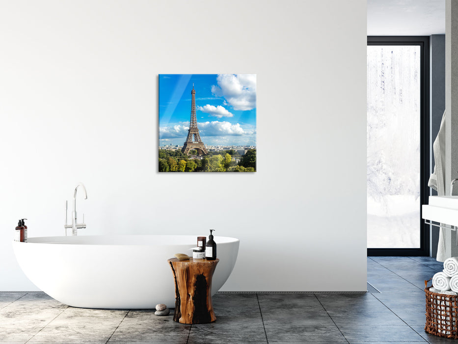 Riesiger Eiffelturm in Paris, Glasbild Quadratisch