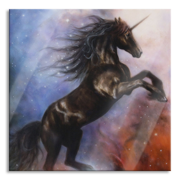 Pixxprint Traumhaftes schwarzes Einhorn, Glasbild Quadratisch