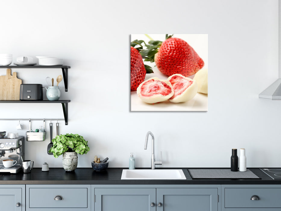 Erdbeeren mit Schokolade umhüllt, Glasbild Quadratisch