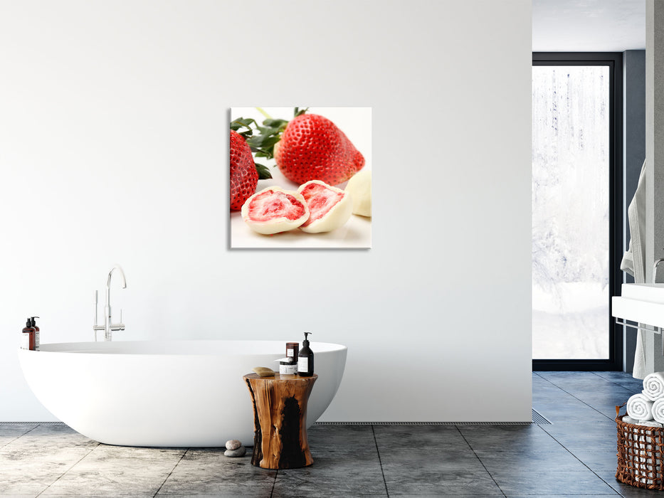 Erdbeeren mit Schokolade umhüllt, Glasbild Quadratisch