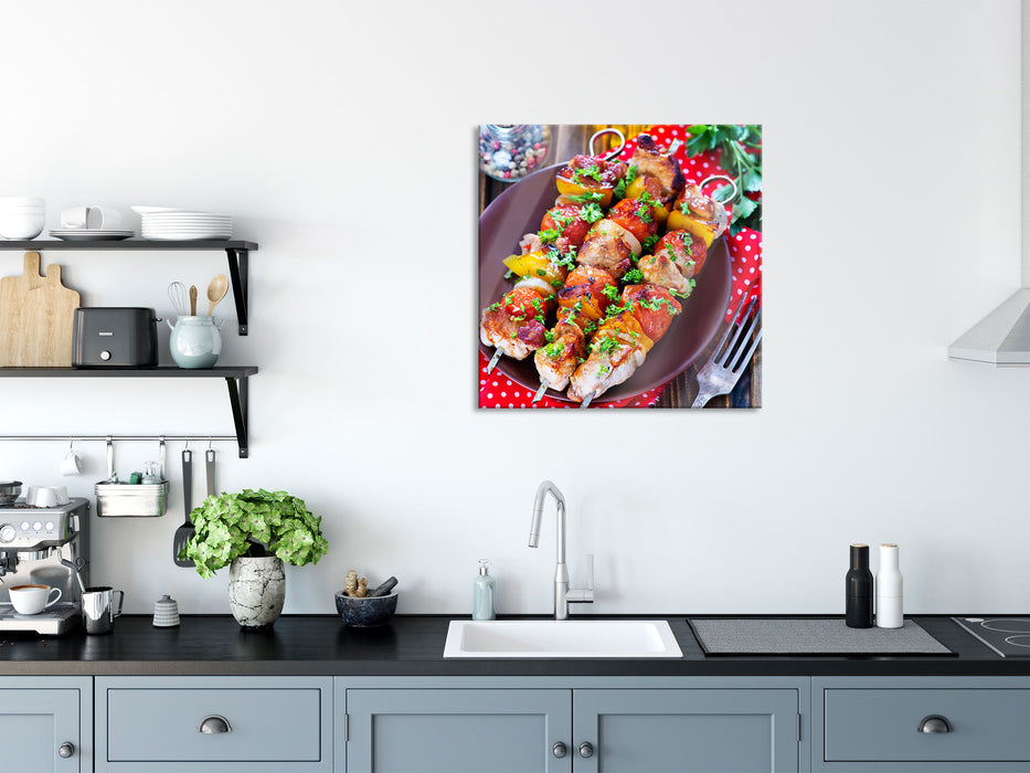 Köstlicher Schaschlyk Spieß, Glasbild Quadratisch